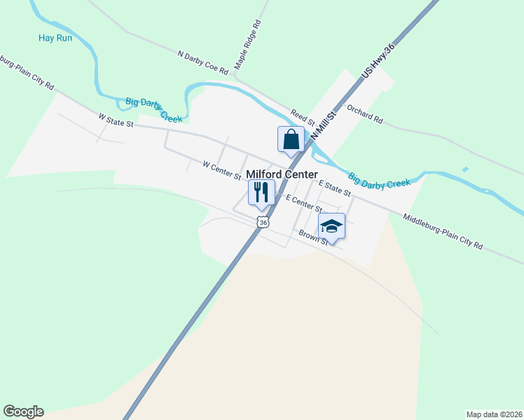 map of restaurants, bars, coffee shops, grocery stores, and more near 57 Ohio 4 in Milford Center