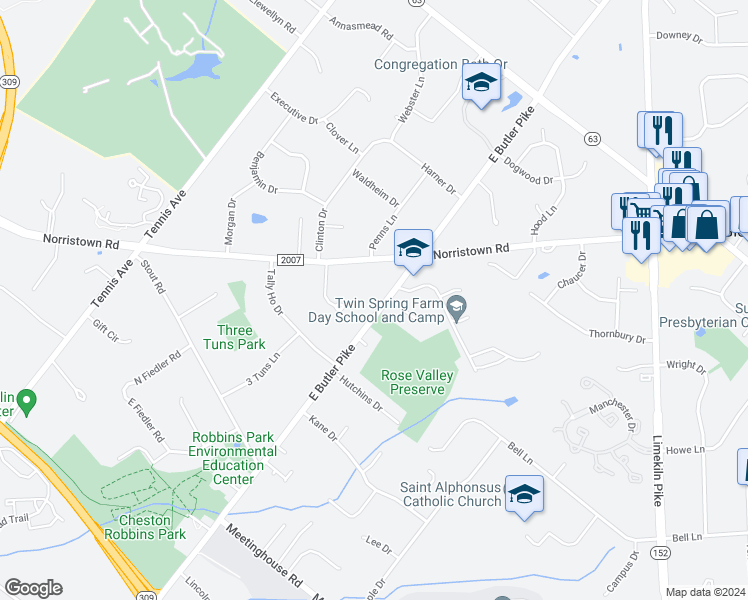 map of restaurants, bars, coffee shops, grocery stores, and more near 1633 East Butler Pike in Ambler