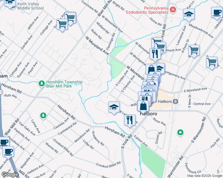 map of restaurants, bars, coffee shops, grocery stores, and more near 204 South Linden Avenue in Hatboro