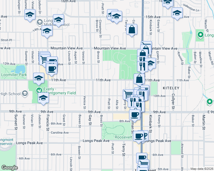 map of restaurants, bars, coffee shops, grocery stores, and more near 1033 Pratt Street in Longmont