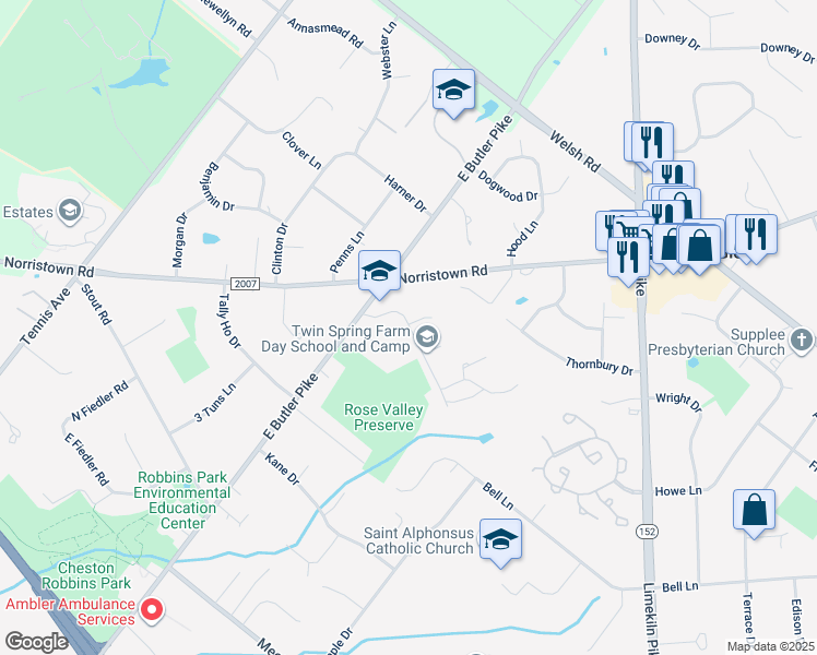 map of restaurants, bars, coffee shops, grocery stores, and more near 1664 Orchard Drive in Ambler