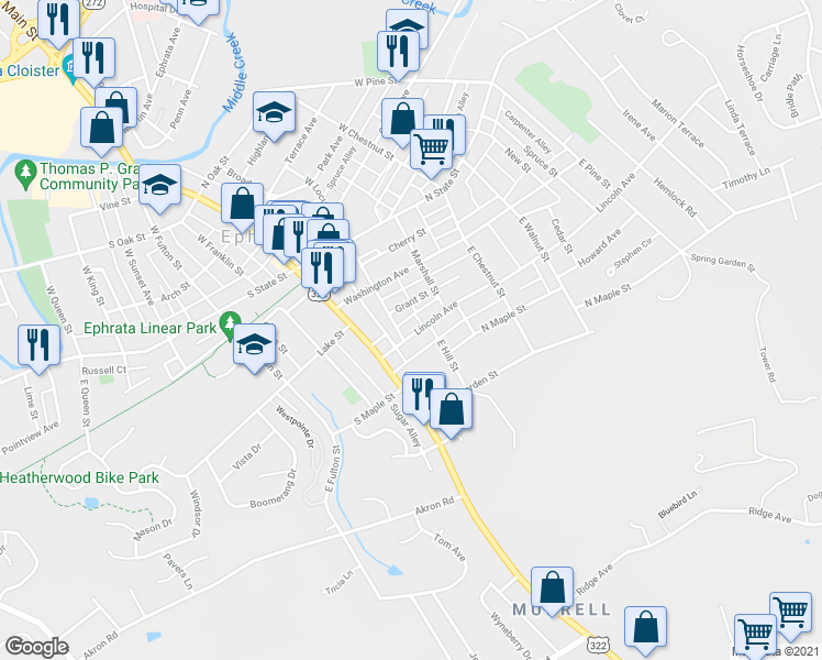map of restaurants, bars, coffee shops, grocery stores, and more near 42 Lincoln Avenue in Ephrata