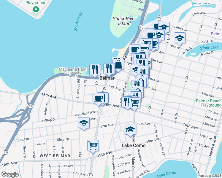 map of restaurants, bars, coffee shops, grocery stores, and more near 821 13th Avenue in Belmar