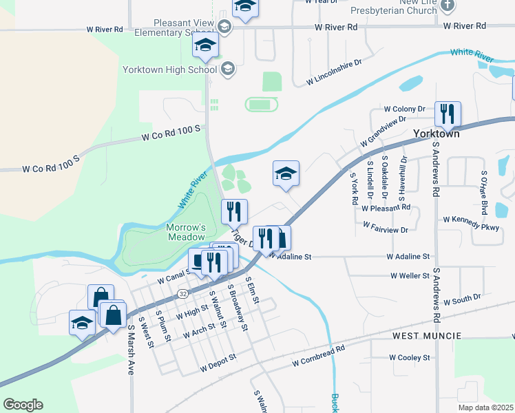 map of restaurants, bars, coffee shops, grocery stores, and more near 8820 West Smith Street in Yorktown