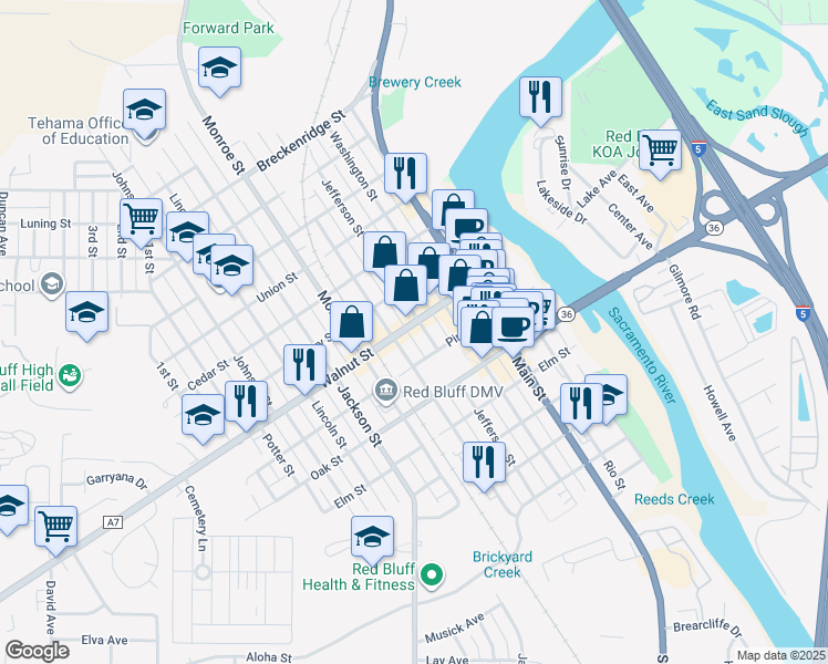 map of restaurants, bars, coffee shops, grocery stores, and more near 807 Jefferson St in Red Bluff