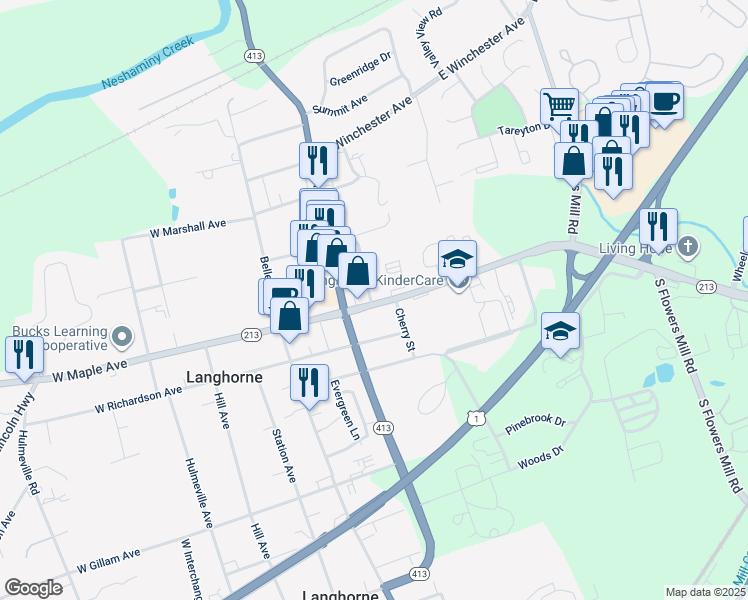 map of restaurants, bars, coffee shops, grocery stores, and more near 113 National Avenue in Langhorne