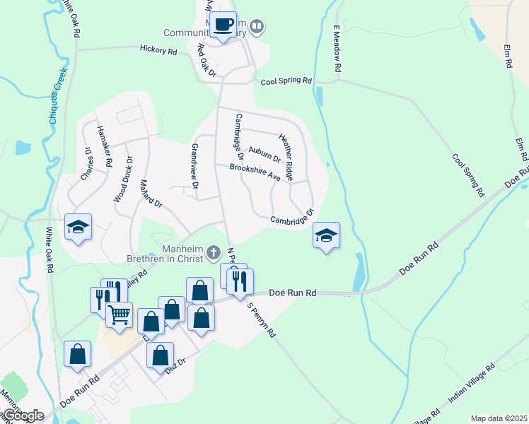 map of restaurants, bars, coffee shops, grocery stores, and more near 1041 Cambridge Drive in Manheim