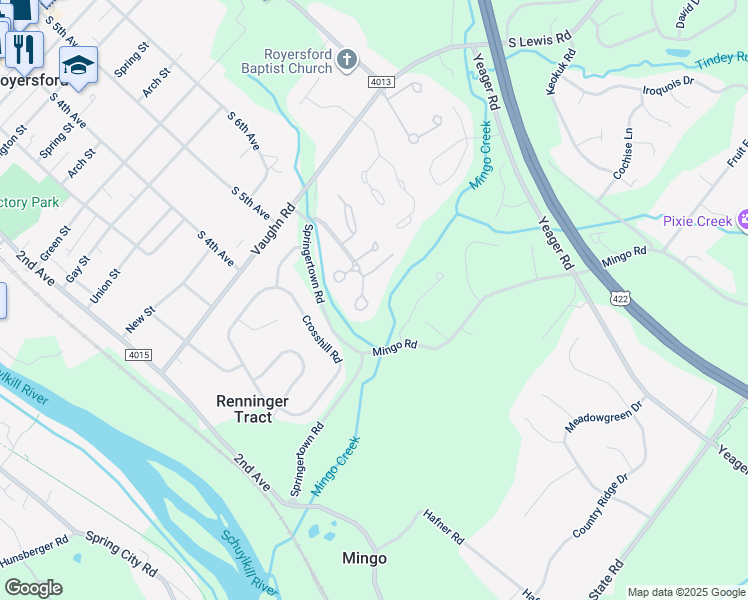 map of restaurants, bars, coffee shops, grocery stores, and more near 125 Roboda Boulevard in Royersford