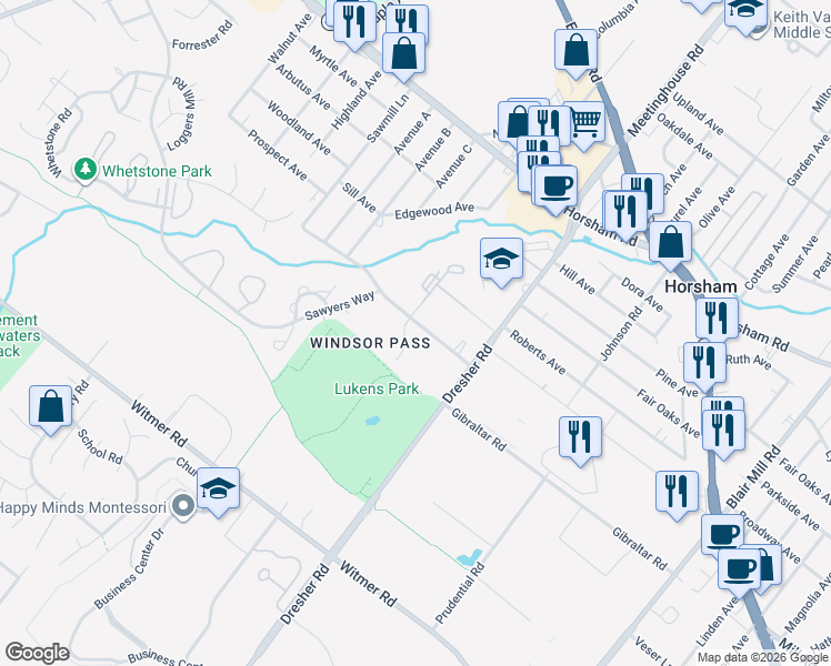 map of restaurants, bars, coffee shops, grocery stores, and more near 311 Sawmill Lane in Horsham