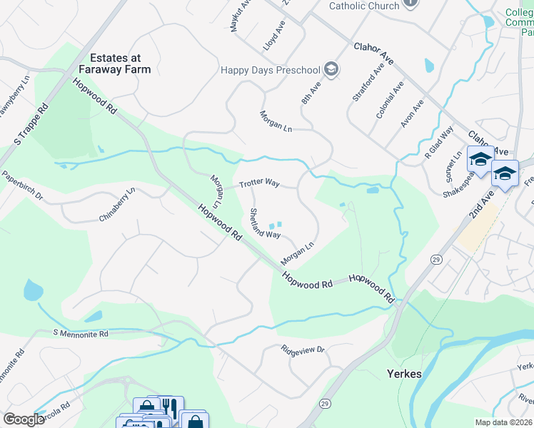 map of restaurants, bars, coffee shops, grocery stores, and more near 112 Shetland Way in Collegeville
