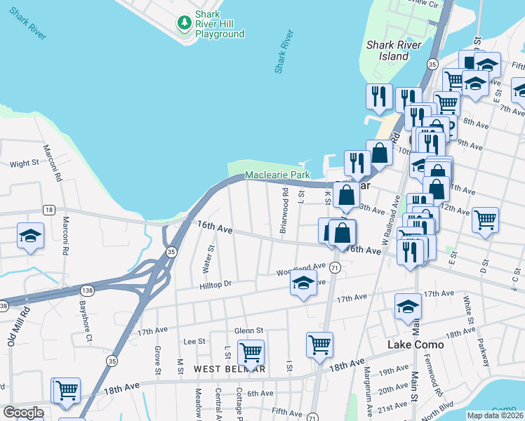 map of restaurants, bars, coffee shops, grocery stores, and more near 1232 Pine Tree Way in Belmar