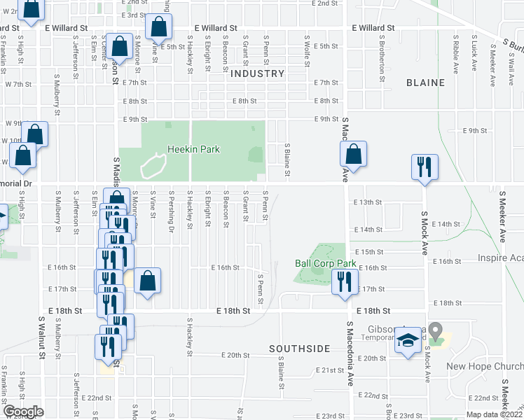 map of restaurants, bars, coffee shops, grocery stores, and more near 2011 South Penn Street in Muncie