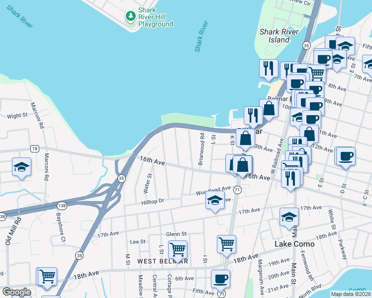 map of restaurants, bars, coffee shops, grocery stores, and more near 1216 Pine Tree Way in Belmar