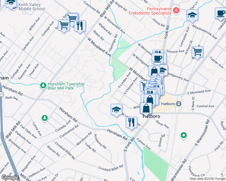 map of restaurants, bars, coffee shops, grocery stores, and more near 204 South Linden Avenue in Hatboro
