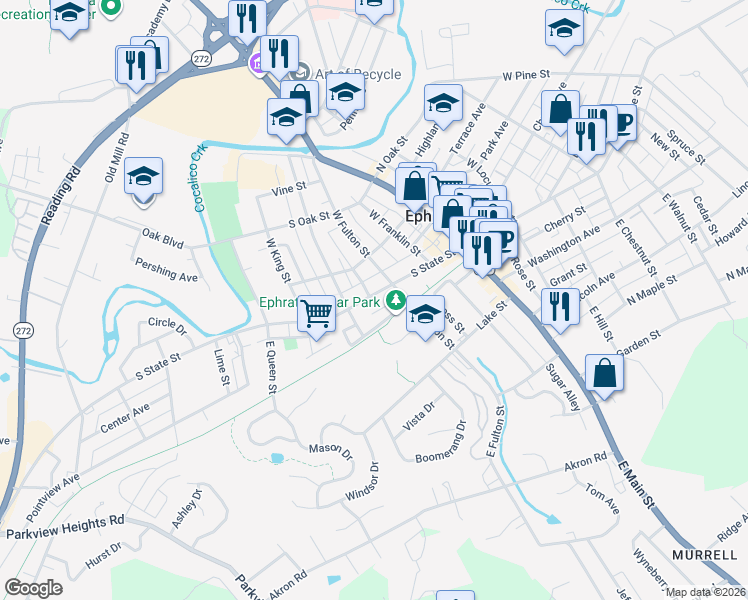 map of restaurants, bars, coffee shops, grocery stores, and more near 233 Hunter Alley in Ephrata