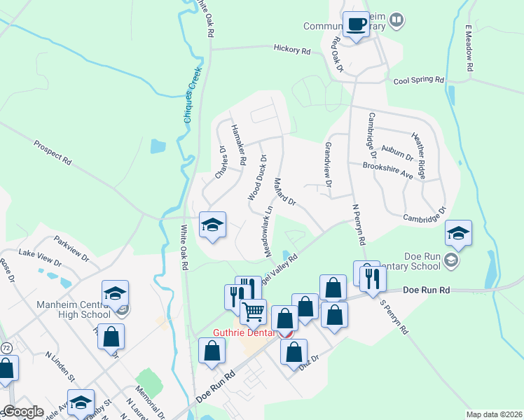 map of restaurants, bars, coffee shops, grocery stores, and more near 529 Wood Duck Drive in Manheim