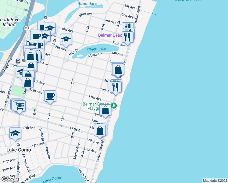 map of restaurants, bars, coffee shops, grocery stores, and more near 906 Ocean Avenue North in Belmar
