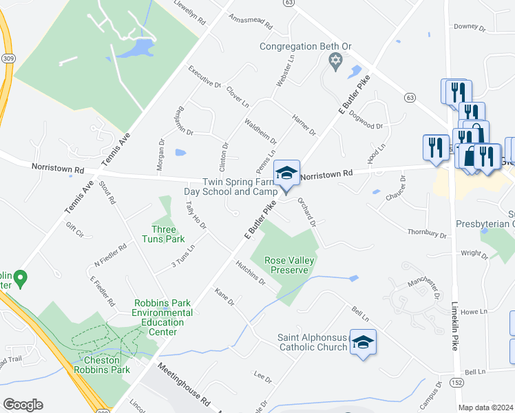 map of restaurants, bars, coffee shops, grocery stores, and more near 1633 East Butler Pike in Ambler