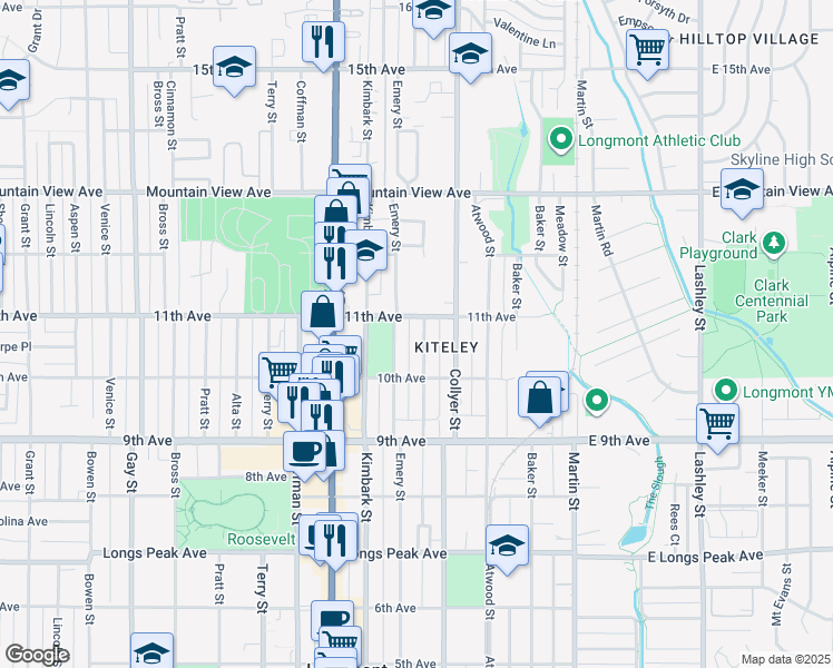 map of restaurants, bars, coffee shops, grocery stores, and more near 1035 Corey Street in Longmont