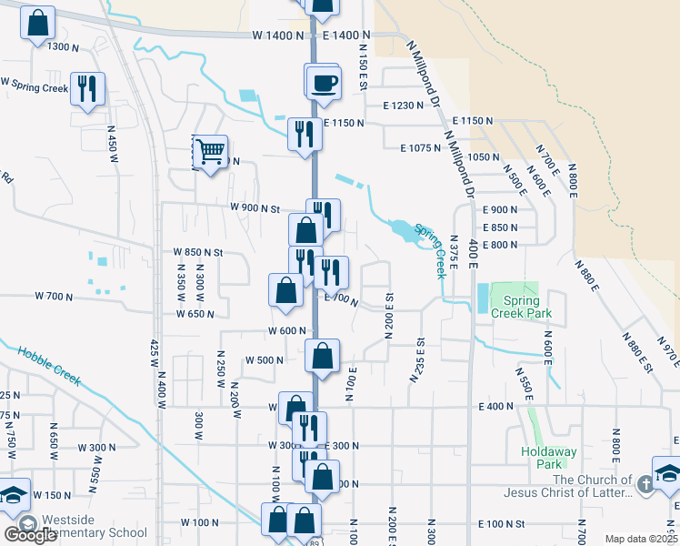 map of restaurants, bars, coffee shops, grocery stores, and more near 14 103 East in Springville