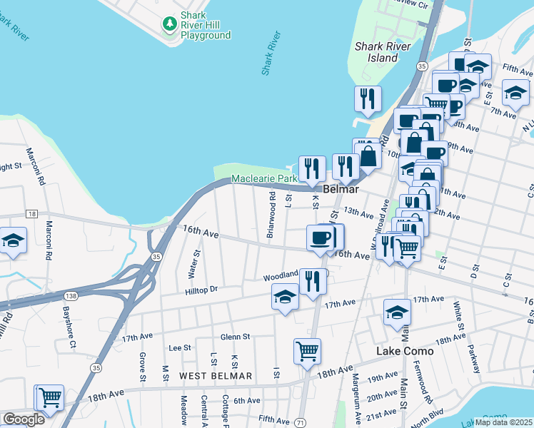 map of restaurants, bars, coffee shops, grocery stores, and more near 1216 Briarwood Road in Belmar