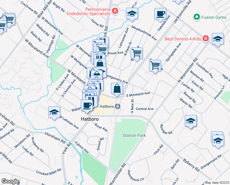 map of restaurants, bars, coffee shops, grocery stores, and more near 27 North Penn Street in Hatboro