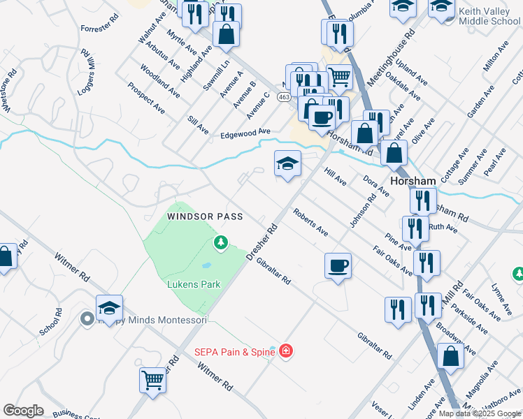 map of restaurants, bars, coffee shops, grocery stores, and more near 310 Sawmill Lane in Horsham