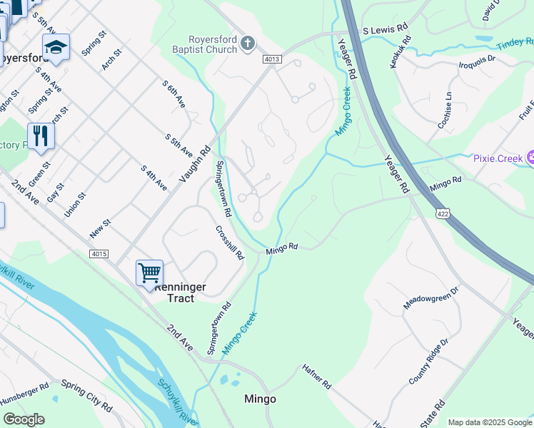 map of restaurants, bars, coffee shops, grocery stores, and more near 125 Roboda Boulevard in Royersford
