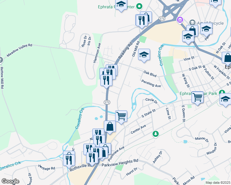 map of restaurants, bars, coffee shops, grocery stores, and more near 929 Opal Street in Ephrata