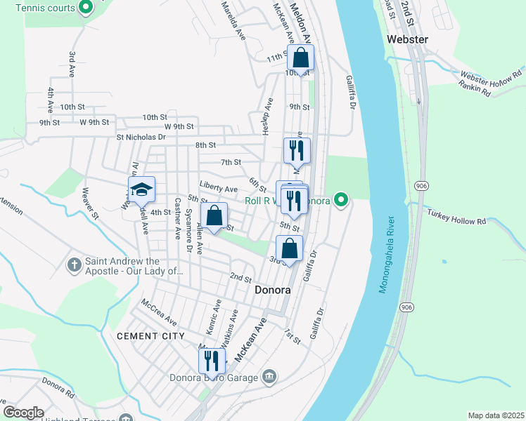 map of restaurants, bars, coffee shops, grocery stores, and more near 520 Murray Avenue in Donora