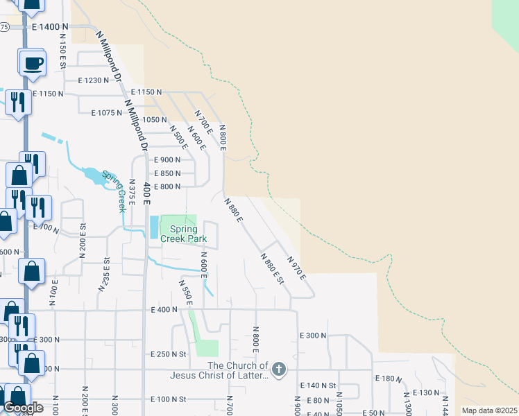 map of restaurants, bars, coffee shops, grocery stores, and more near 826 North 970 East in Springville