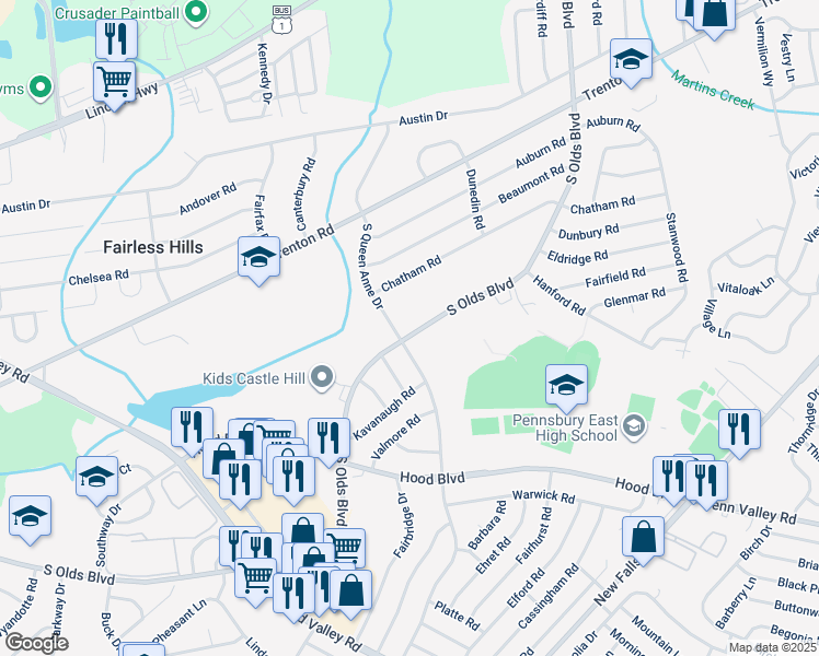 map of restaurants, bars, coffee shops, grocery stores, and more near 609 South Olds Boulevard in Fairless Hills