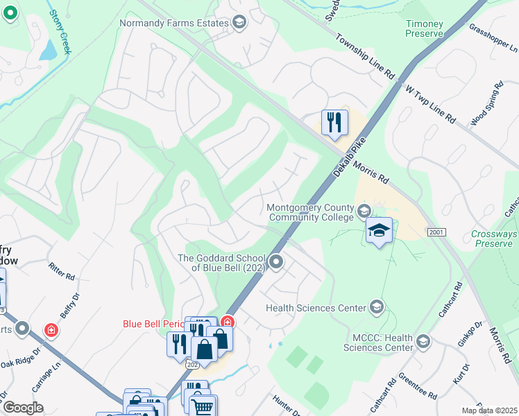 map of restaurants, bars, coffee shops, grocery stores, and more near 204 Pebble Beach Place in Blue Bell