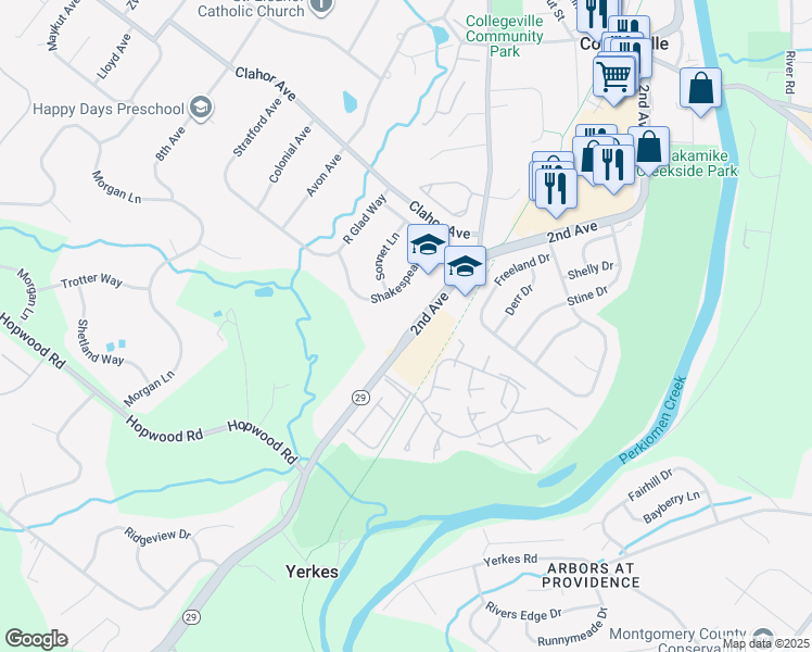 map of restaurants, bars, coffee shops, grocery stores, and more near 555 Pennsylvania 29 in Collegeville