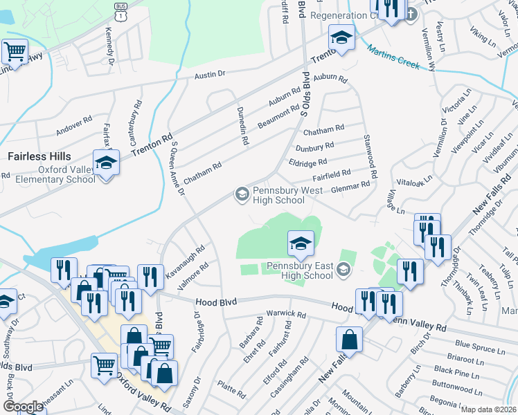 map of restaurants, bars, coffee shops, grocery stores, and more near 608 South Olds Boulevard in Fairless Hills