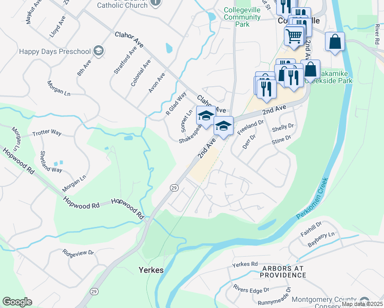 map of restaurants, bars, coffee shops, grocery stores, and more near 555 Pennsylvania 29 in Collegeville