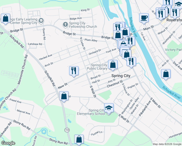 map of restaurants, bars, coffee shops, grocery stores, and more near 419 New Street in Spring City