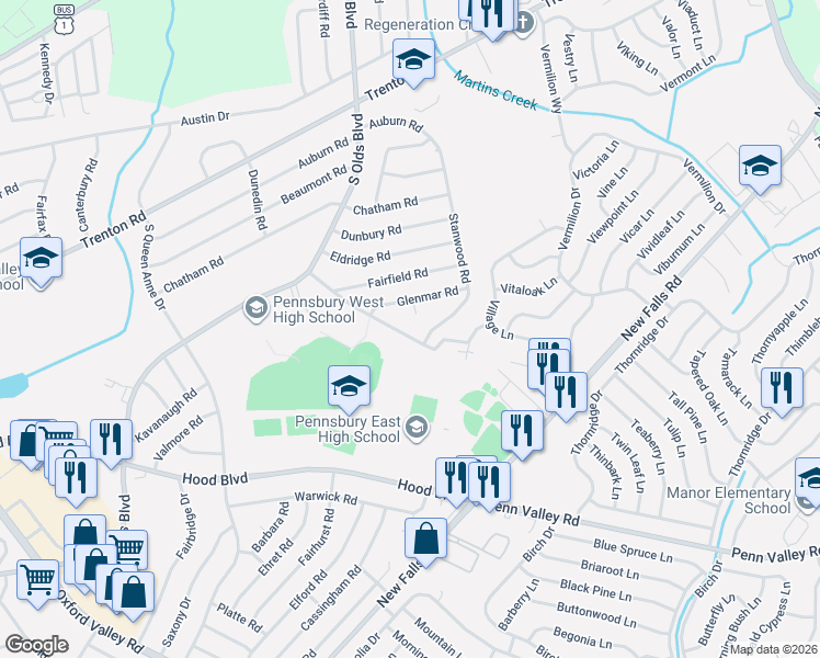 map of restaurants, bars, coffee shops, grocery stores, and more near 812 Glenmar Circle in Fairless Hills