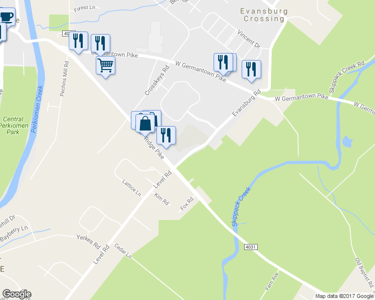 map of restaurants, bars, coffee shops, grocery stores, and more near 19 Evansburg Road in Collegeville
