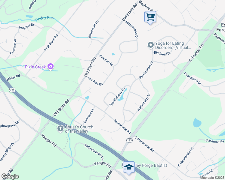 map of restaurants, bars, coffee shops, grocery stores, and more near 707 Sourwood Lane in Collegeville
