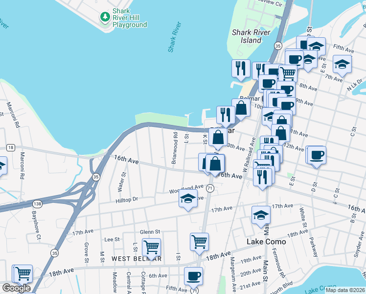 map of restaurants, bars, coffee shops, grocery stores, and more near 1305 L Street in Belmar