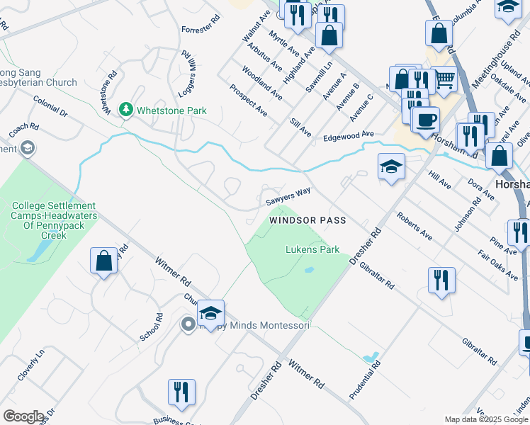 map of restaurants, bars, coffee shops, grocery stores, and more near 22 Palamino Court in Horsham
