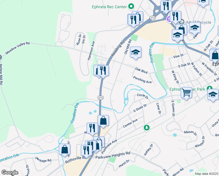map of restaurants, bars, coffee shops, grocery stores, and more near 929 Opal Street in Ephrata