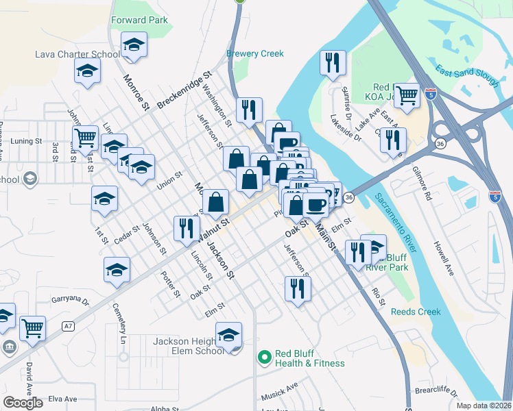 map of restaurants, bars, coffee shops, grocery stores, and more near 501 Walnut Street in Red Bluff