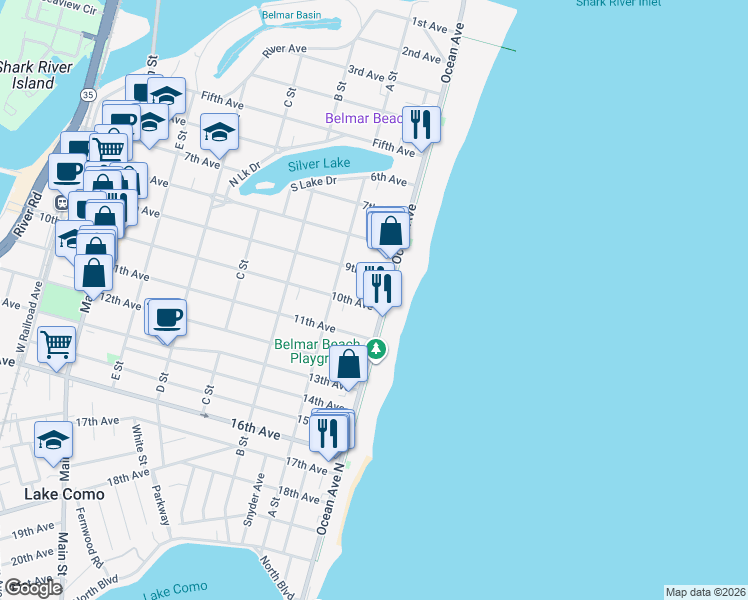 map of restaurants, bars, coffee shops, grocery stores, and more near 906 Ocean Avenue North in Belmar