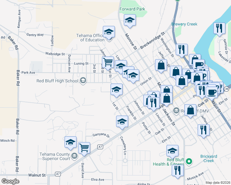 map of restaurants, bars, coffee shops, grocery stores, and more near 1156 Franklin Street in Red Bluff