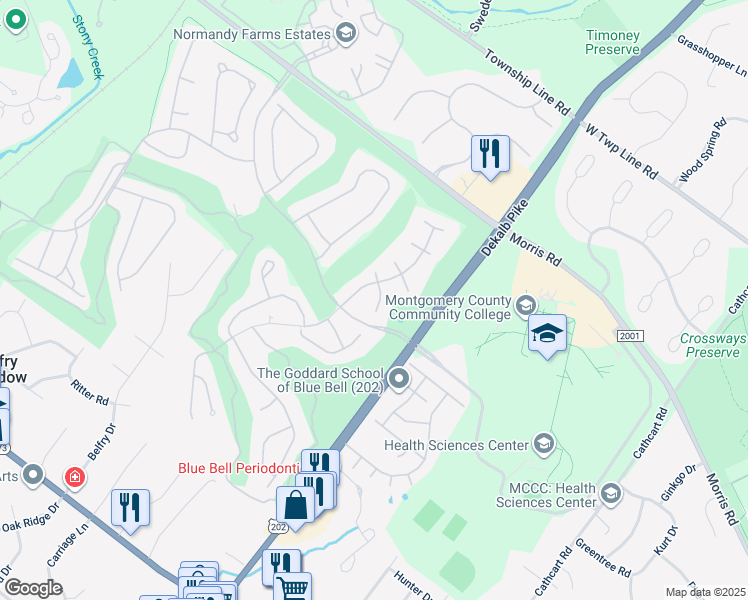 map of restaurants, bars, coffee shops, grocery stores, and more near 204 Pebble Beach Place in Blue Bell