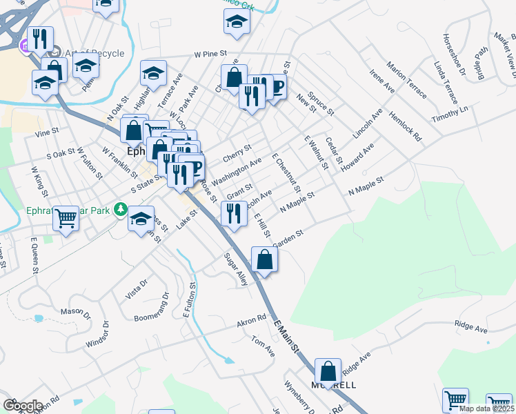 map of restaurants, bars, coffee shops, grocery stores, and more near 127 Lincoln Avenue in Ephrata