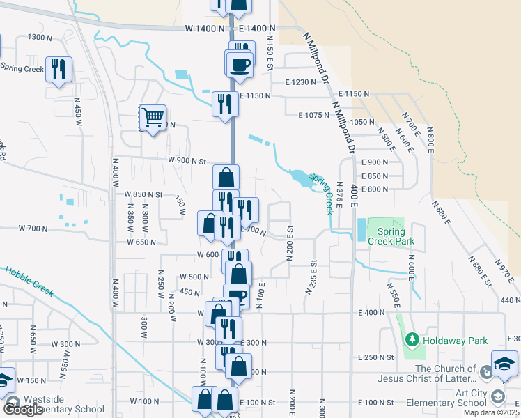 map of restaurants, bars, coffee shops, grocery stores, and more near 103 East 700 North in Springville