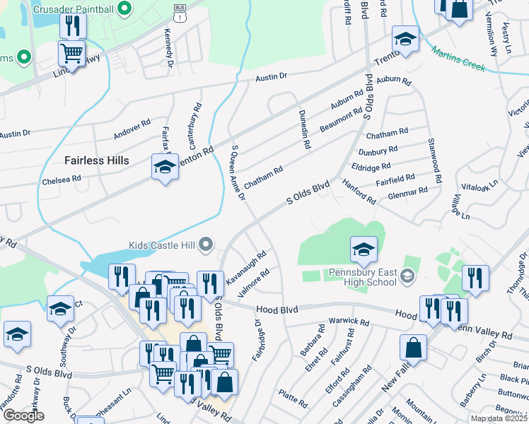 map of restaurants, bars, coffee shops, grocery stores, and more near 611 South Olds Boulevard in Fairless Hills